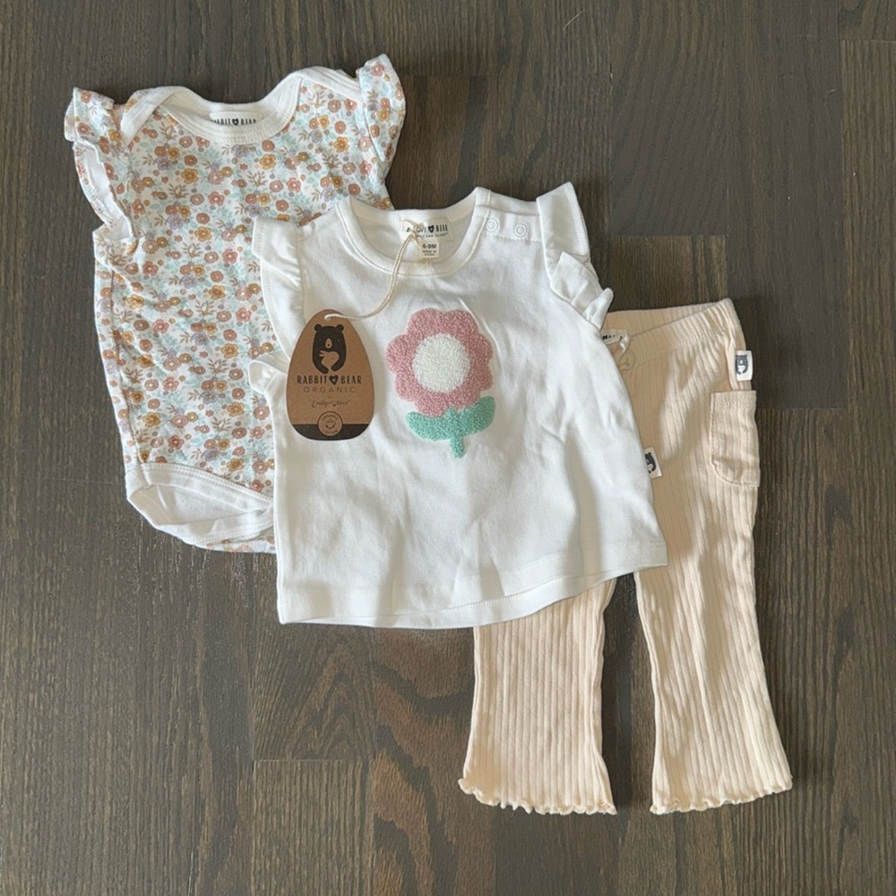 Rabbit + Bear Organic Cotton 3-Piece Baby Girl Outfit Set NWT 6–9M